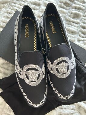 Versace Black Slip-On Loafers with Silver Medusa and Chain Motif